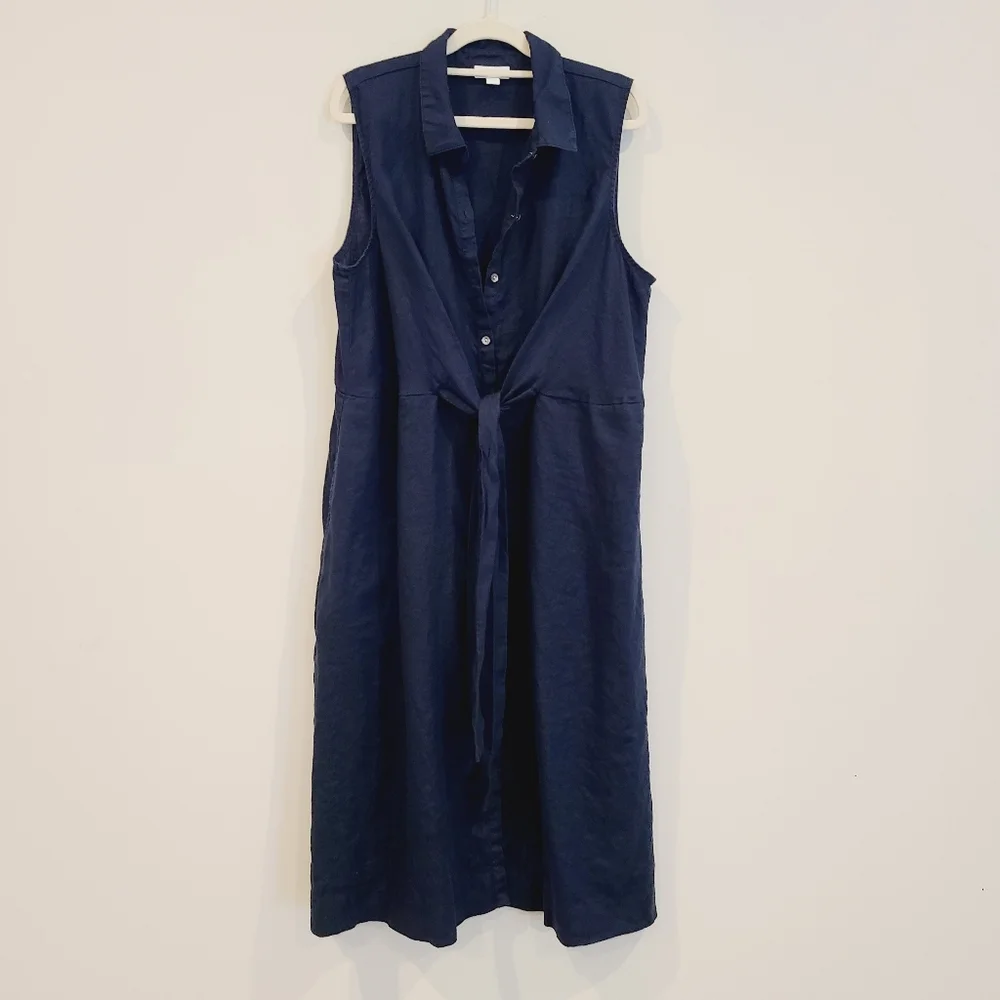 J.Jill Love Linen Navy Blue Tie Front Button Down Collared Tank Midi Dress - Picture 2 of 9